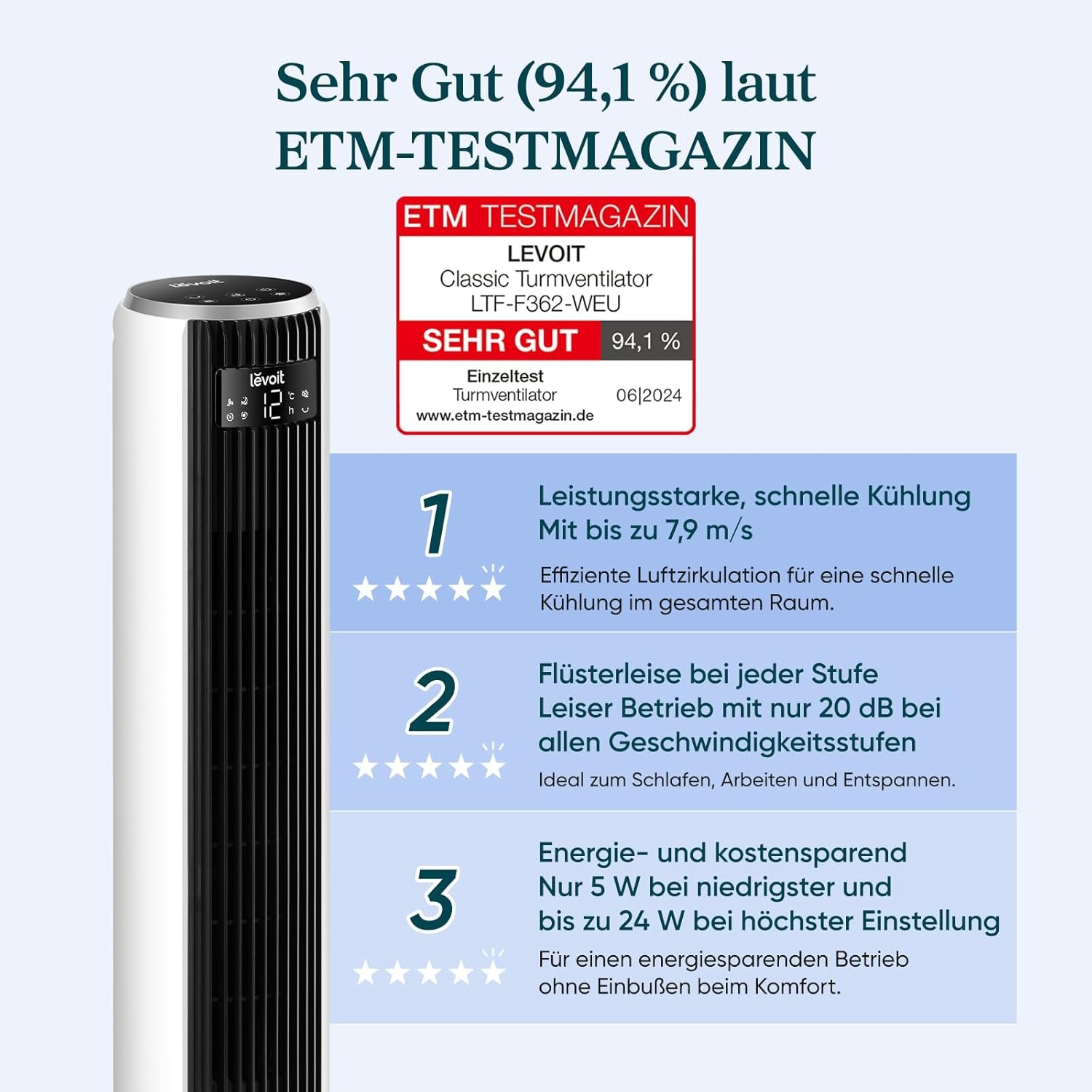 Levoit DC Motor Tower Fan - Ultra Quiet 20dB Cooling Solution with Remote Control, 12 Speed Settings, and 12 Hour Timer - Powerful 24W Stand Fan in Elegant White, 92 cm