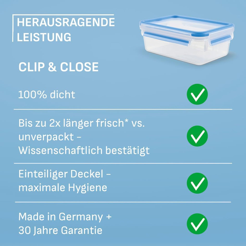 EMSA Clip & Close Frischhaltedose – 100% Auslaufsicher, Spülmaschinenfest und Mikrowellengeeignet, Perfekt für Eiswürfel und Aufbewahrung, Blau, Made in Germany