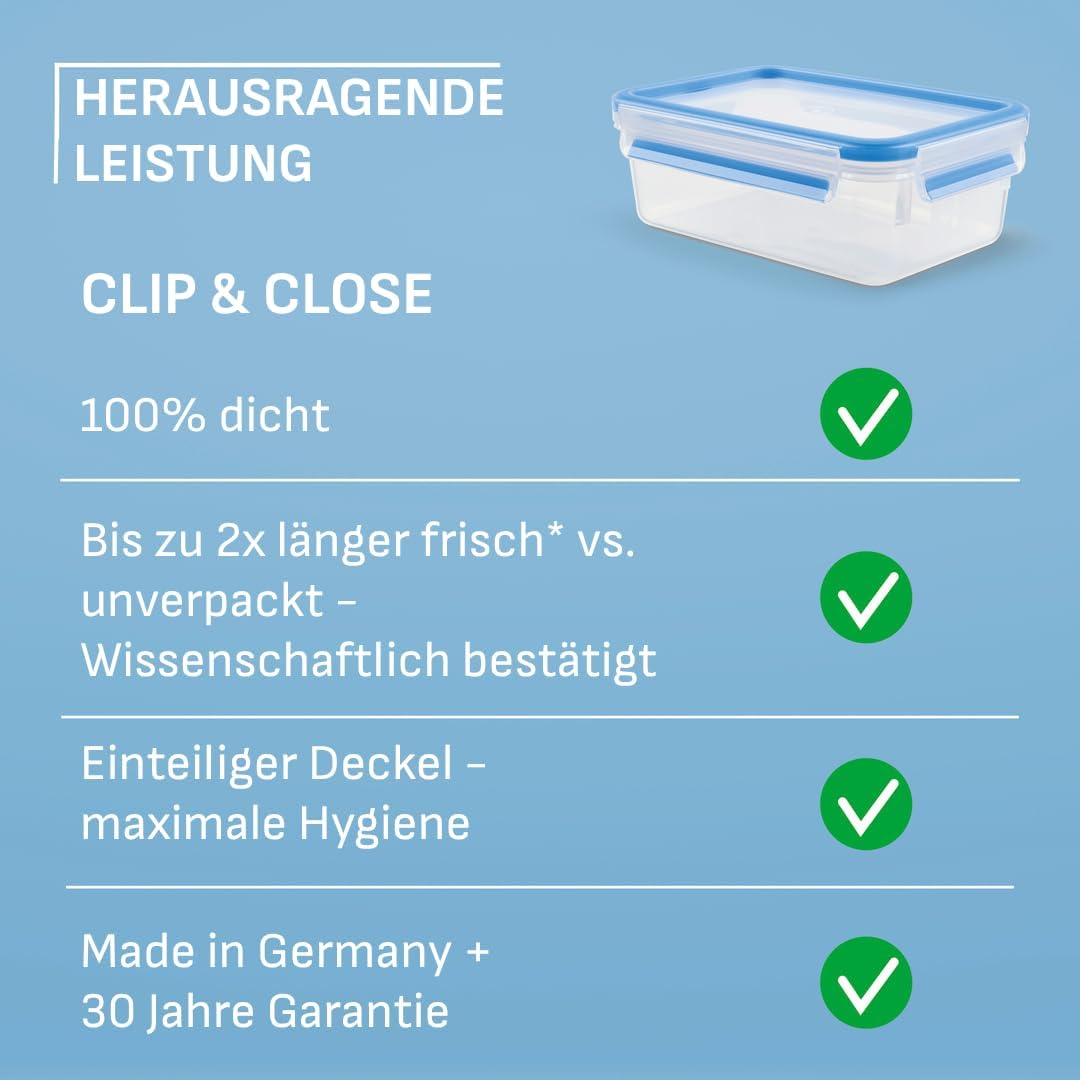 EMSA Clip & Close Frischhaltedose – 100% Auslaufsicher, Spülmaschinenfest und Mikrowellengeeignet, Perfekt für Eiswürfel und Aufbewahrung, Blau, Made in Germany