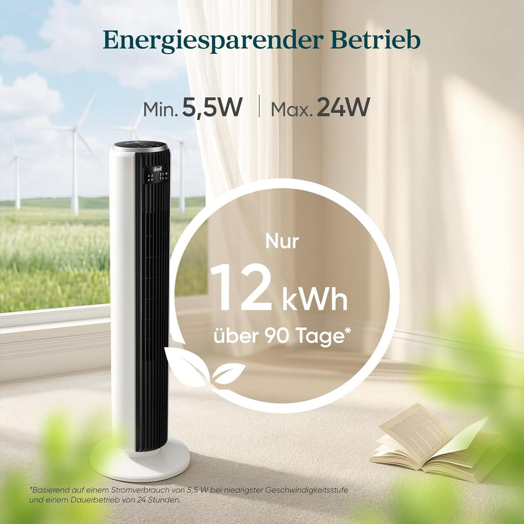 Levoit DC Motor Tower Fan - Ultra Quiet 20dB Cooling Solution with Remote Control, 12 Speed Settings, and 12 Hour Timer - Powerful 24W Stand Fan in Elegant White, 92 cm