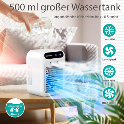 Mobile Klimaanlage, Tragbare Luftkühlgerät, Leise Mobile Klimaanlage Mit 500Ml Wasserbehälter, 2 Lüftungsstufen & 2 Sprühmodi, Mini Klimatisierung Für Schlafzimmer Und Outdoor Camping(Weiß)