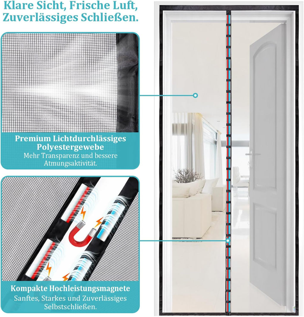 Apalus Prime Fliegengitter Tür – Hochwertiger Magnet Insektenschutz für Balkon- und Terrassentüren (90x210 cm) – Lichtdurchlässig, Reißfest und Wetterfest mit Stärkeren Magneten – Einfache Montage ohne Bohren