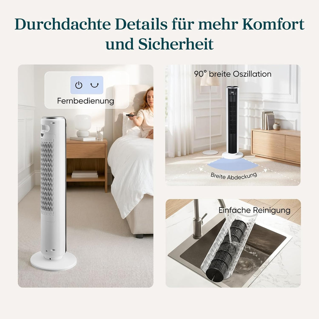 Levoit DC Motor Tower Fan - Ultra Quiet 20dB Cooling Solution with Remote Control, 12 Speed Settings, and 12 Hour Timer - Powerful 24W Stand Fan in Elegant White, 92 cm