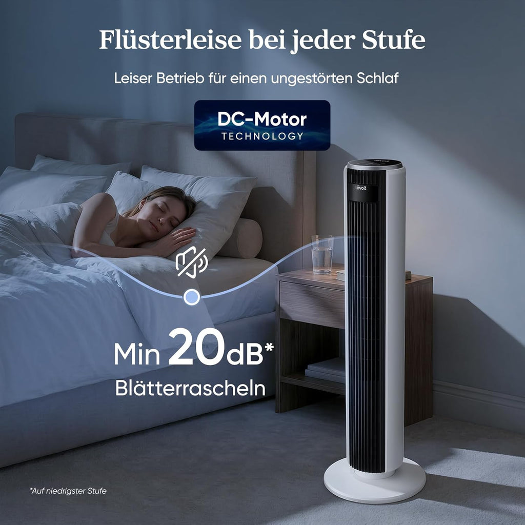 Levoit DC Motor Tower Fan - Ultra Quiet 20dB Cooling Solution with Remote Control, 12 Speed Settings, and 12 Hour Timer - Powerful 24W Stand Fan in Elegant White, 92 cm